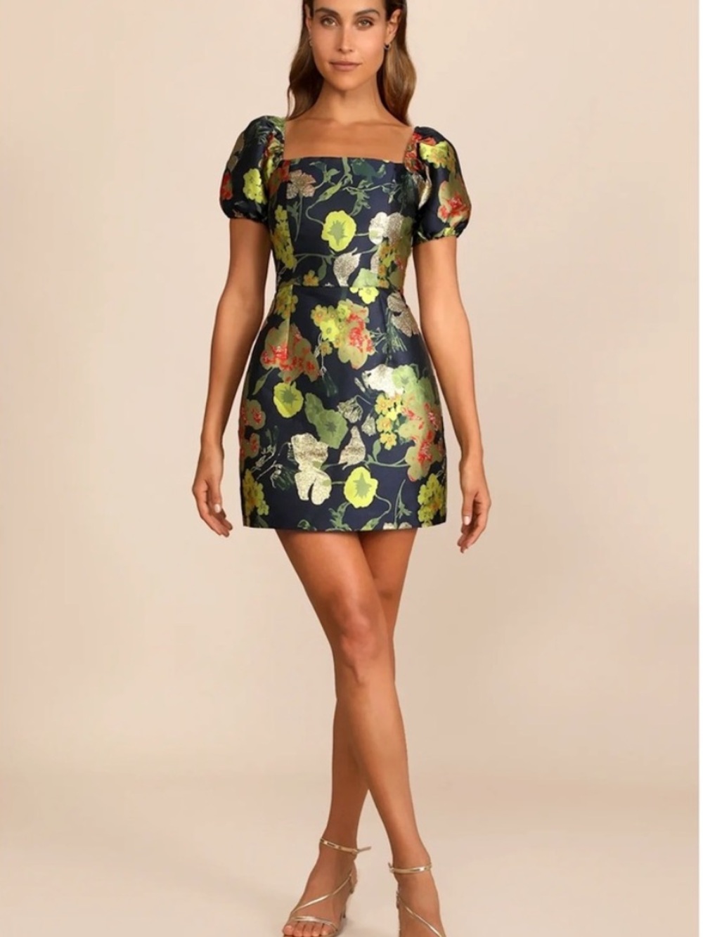NWT LULUS So Stunning blue floral puff sleeve metallic mini dress medium NEW